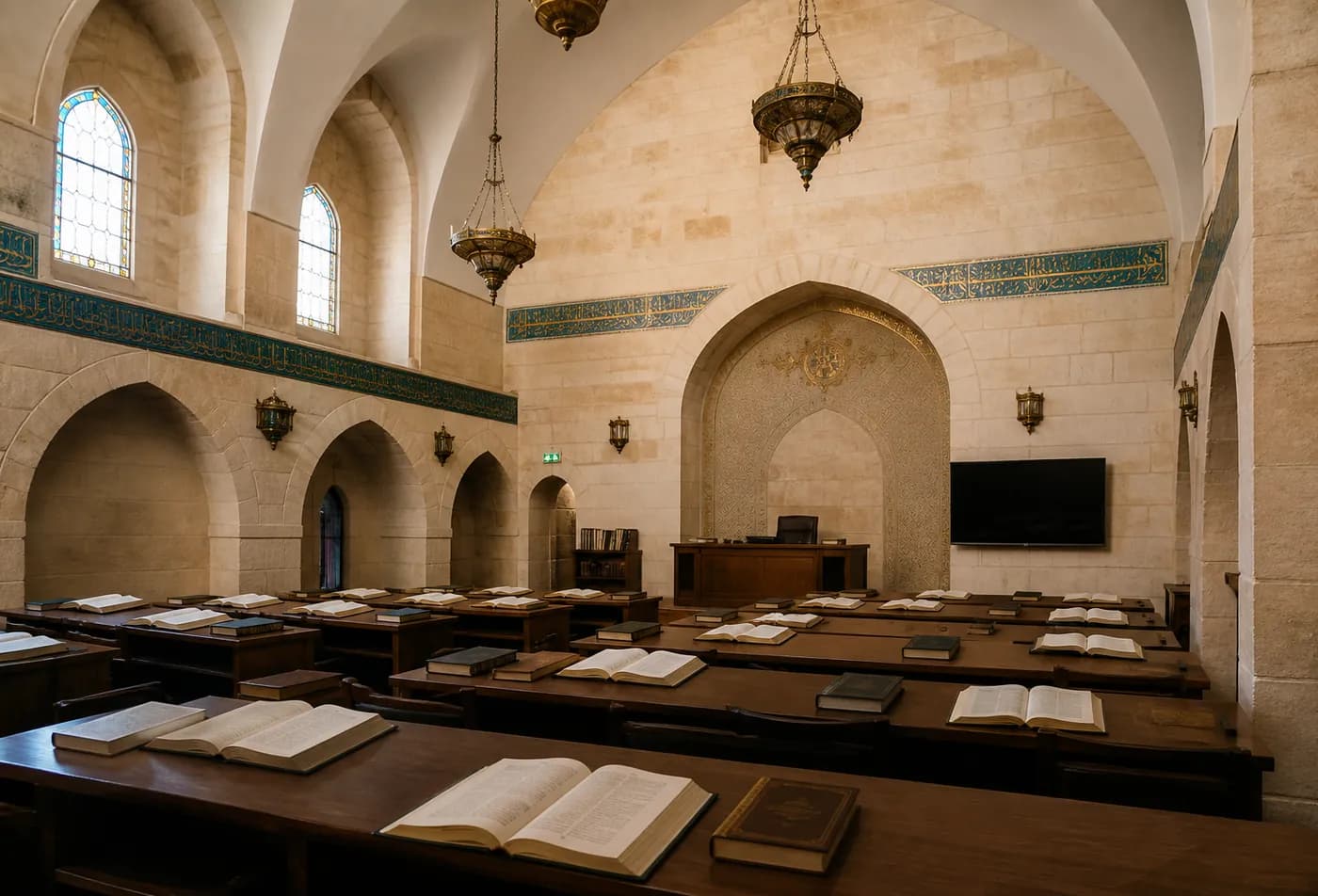 قاعة محاضرات بحجارة القدس وأقواس إسلامية